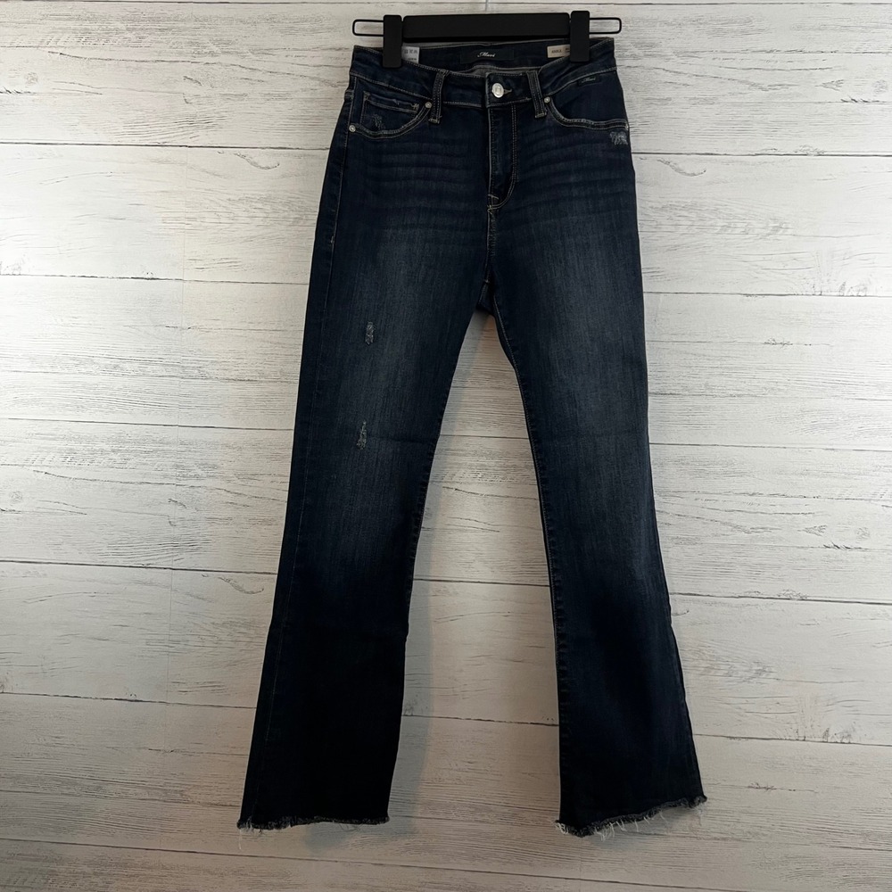 Mavi Anika Mid-Rise Crop Flare Jeans Dark Wash Distressed Raw Hem 25/27